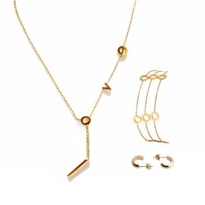 Picture of A²OTP Minimalist Gold LOVE-Themed Jewelry Set,Necklace, Layered Bracelet & Huggie Earrings,Perfect Gift for Her on Christmas, Birthday & Anniversary